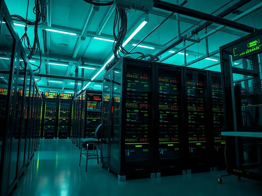 A high-tech laboratory environment with server racks, glowin